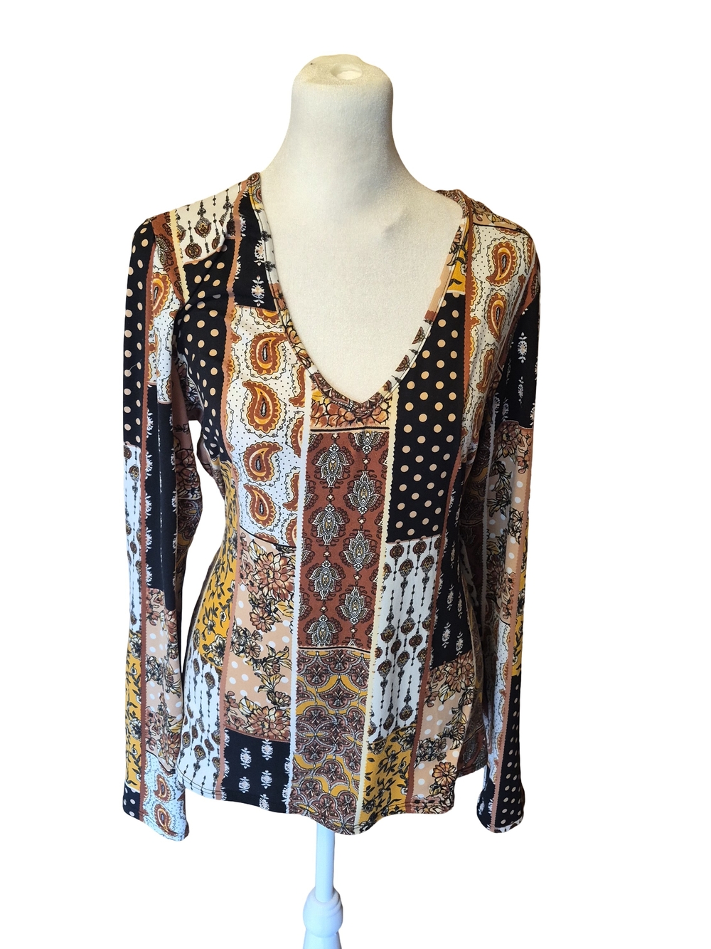Women's Patchwork V-Neck Long Sleeve Top - Multitone